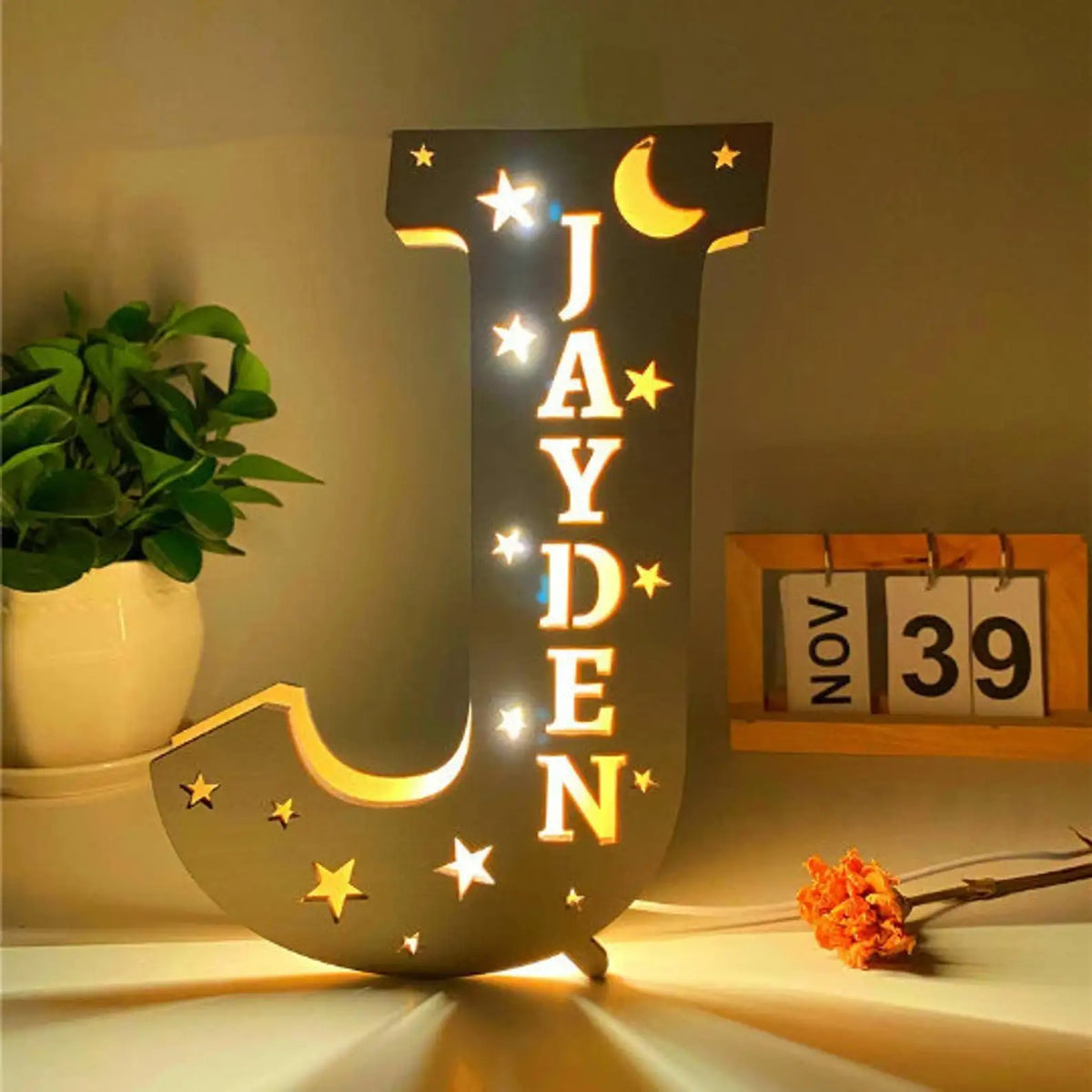 Custom 26 Letters Name Wall Decor LED Night Light Personalized With Stars Wooden Lamp