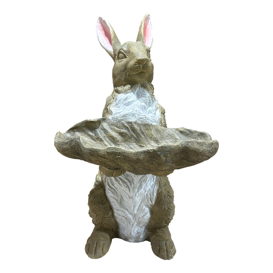 Standing Rabbit Garden Statue with Leaf Tray, Resin Bird Feeder Bird Bath, Rustic Bunny Outdoor Lawn Ornament