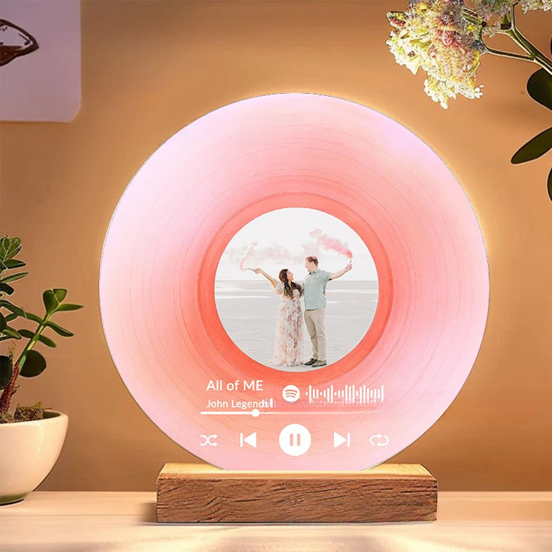 Personalized Photo Vinyl Record Style Night Light With Wooden Base