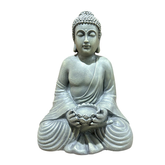 Seated Meditating Buddha Statue with Lotus Tealight Holder, Antique Stone Resin Zen Garden Decor, Meditation Indoor Outdoor Ornament