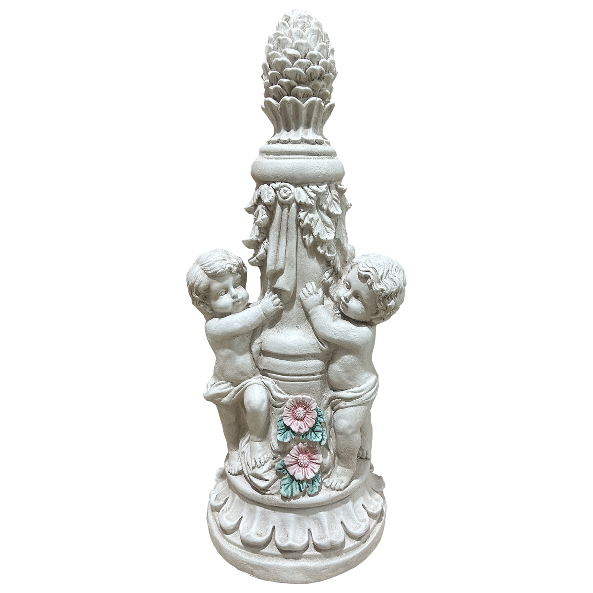 Double Cherub Pillar Garden Statue, Antique Stone Resin European Classical Ornament, Two Putti Floral Pillar Lawn Decor