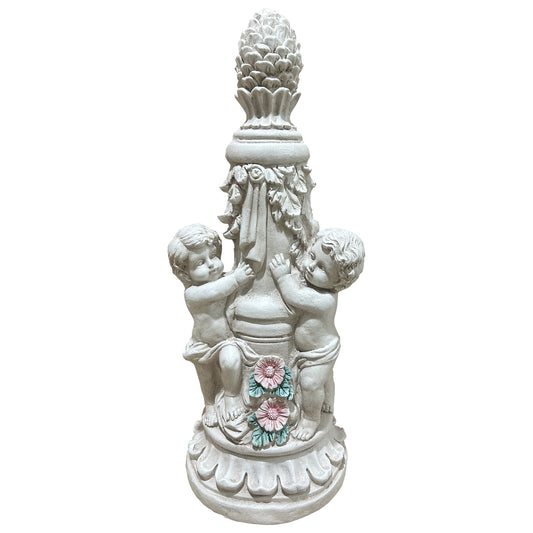 Double Cherub Pillar Garden Statue, Antique Stone Resin European Classical Ornament, Two Putti Floral Pillar Lawn Decor