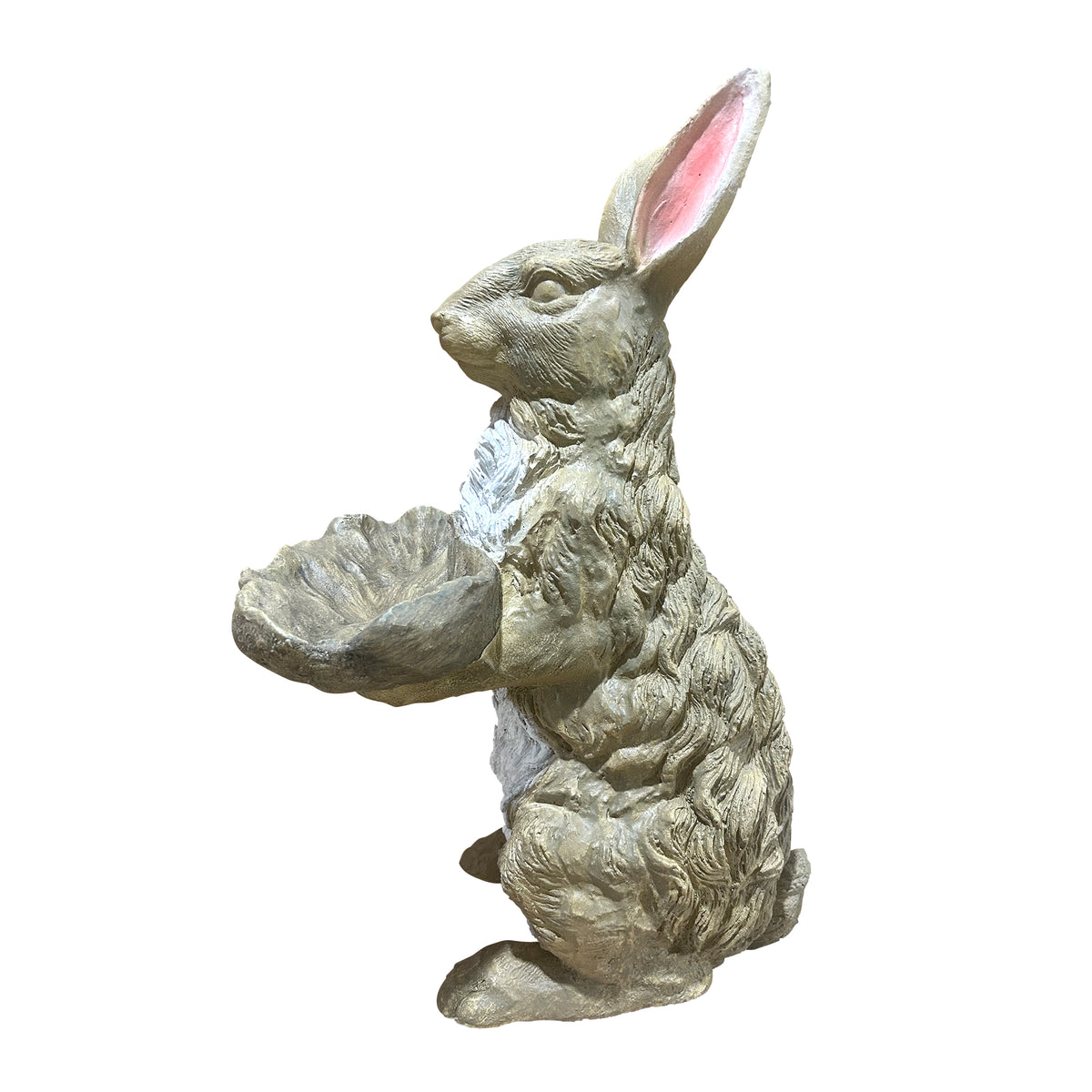 Standing Rabbit Garden Statue with Leaf Tray, Resin Bird Feeder Bird Bath, Rustic Bunny Outdoor Lawn Ornament