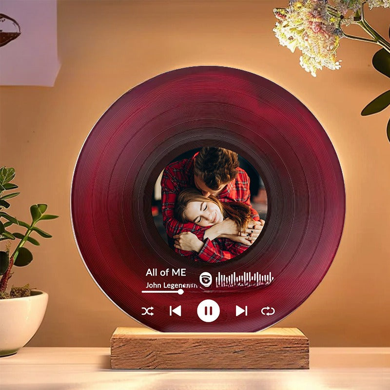 Personalized Photo Vinyl Record Style Night Light With Wooden Base
