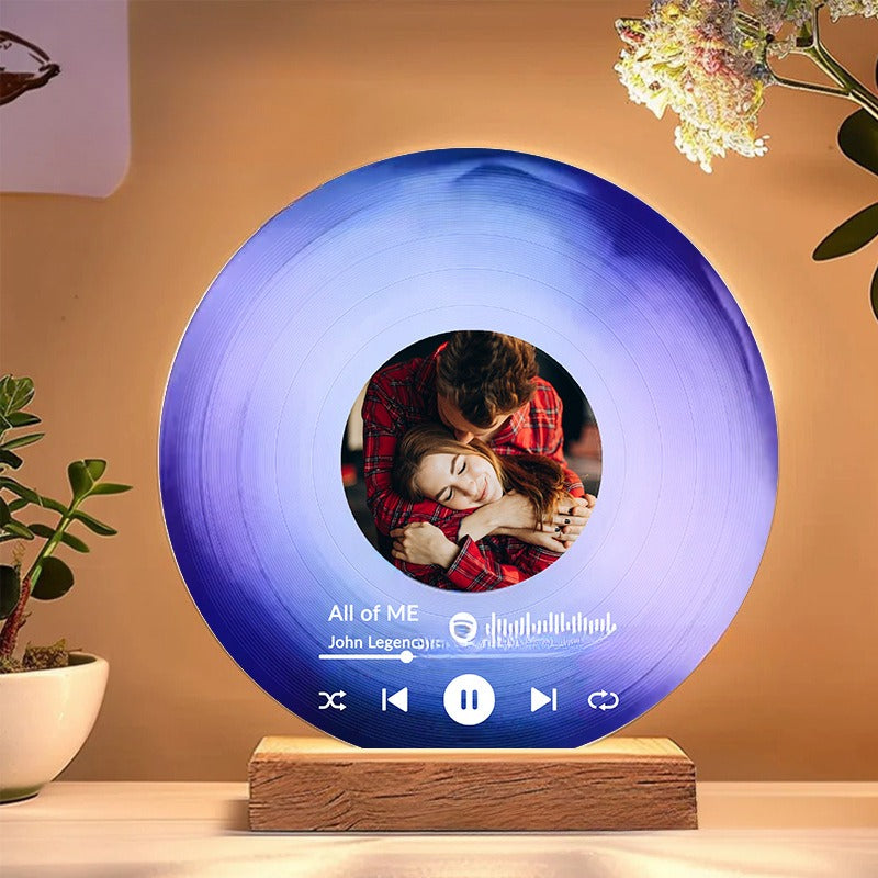 Personalized Photo Vinyl Record Style Night Light With Wooden Base