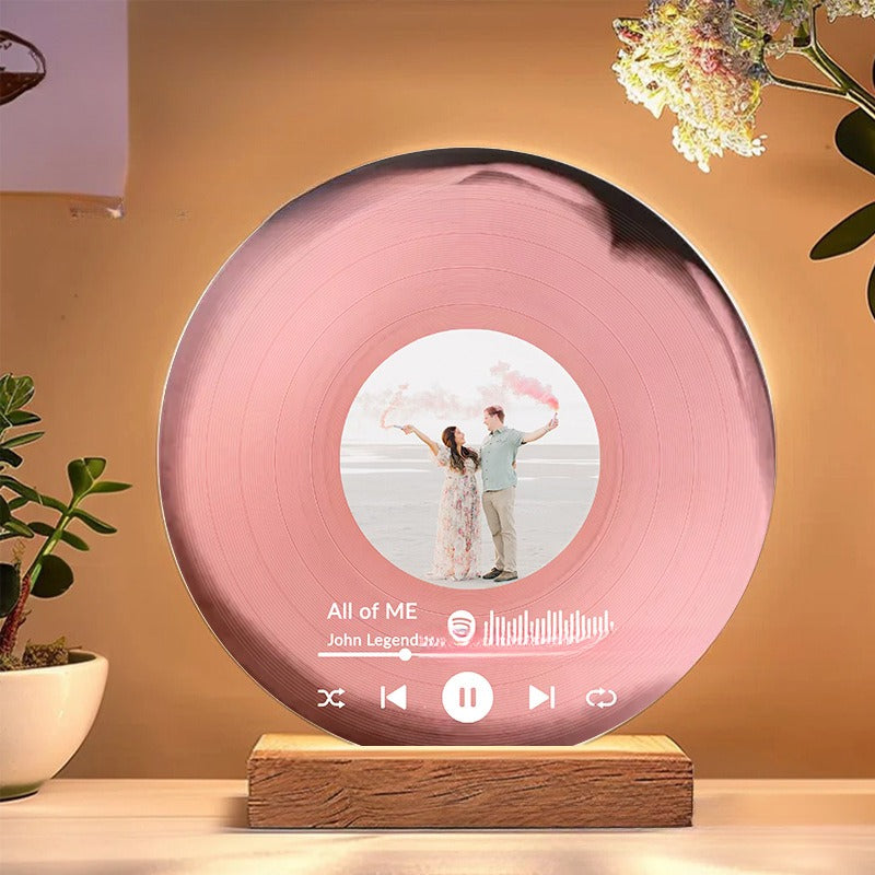Personalized Photo Vinyl Record Style Night Light With Wooden Base
