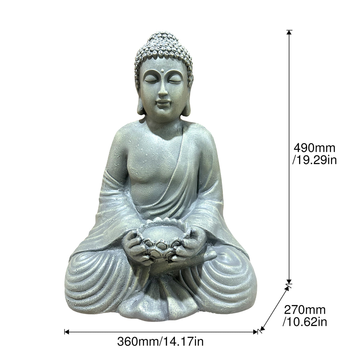 Seated Meditating Buddha Statue with Lotus Tealight Holder, Antique Stone Resin Zen Garden Decor, Meditation Indoor Outdoor Ornament