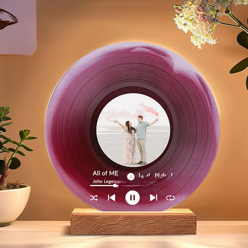 Personalized Photo Vinyl Record Style Night Light With Wooden Base