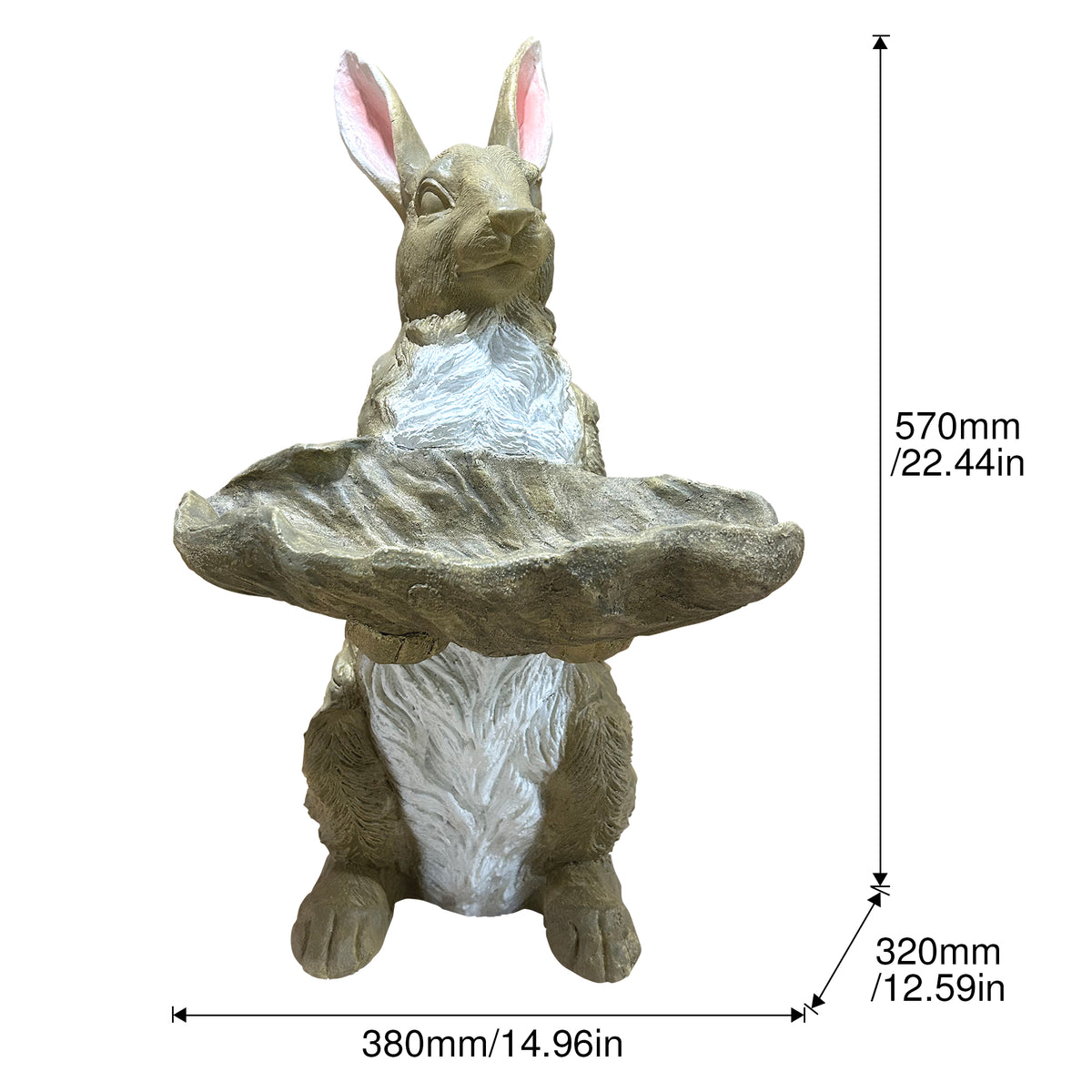 Standing Rabbit Garden Statue with Leaf Tray, Resin Bird Feeder Bird Bath, Rustic Bunny Outdoor Lawn Ornament