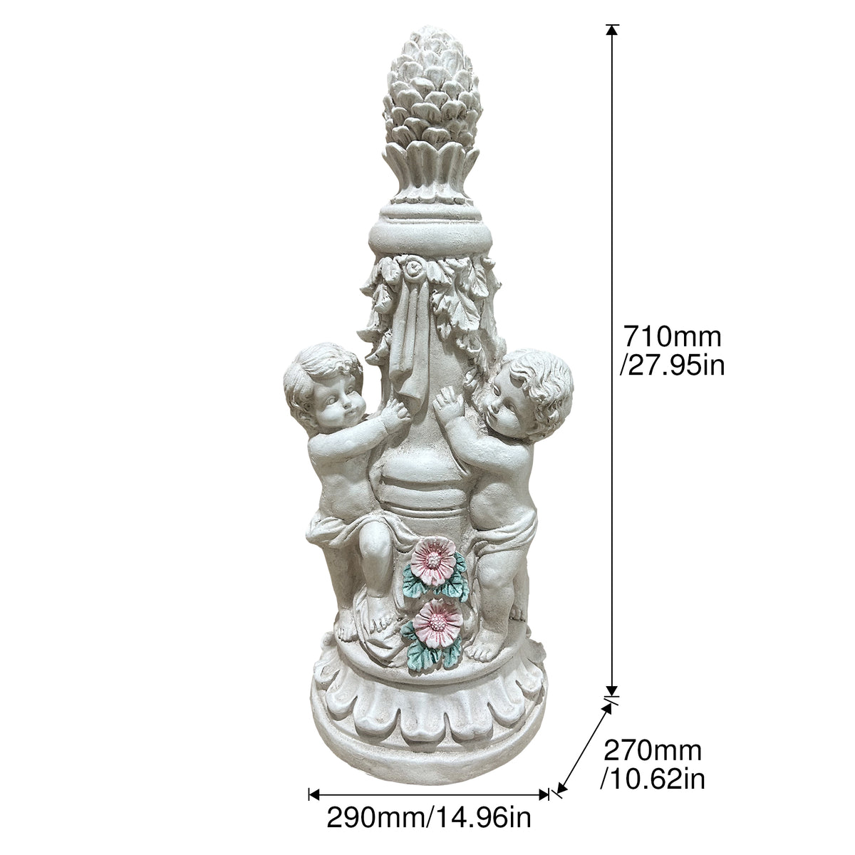 Double Cherub Pillar Garden Statue, Antique Stone Resin European Classical Ornament, Two Putti Floral Pillar Lawn Decor