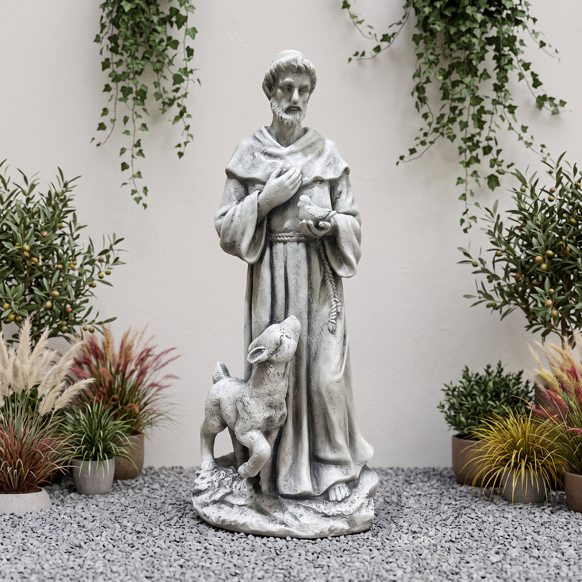 St. Francis Garden Statue with Bird and Lamb, Resin Religious Outdoor Decor