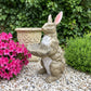 Standing Rabbit Garden Statue with Leaf Tray, Resin Bird Feeder Bird Bath, Rustic Bunny Outdoor Lawn Ornament
