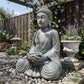 Seated Meditating Buddha Statue with Lotus Tealight Holder, Antique Stone Resin Zen Garden Decor, Meditation Indoor Outdoor Ornament