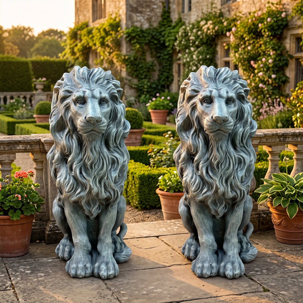 Seated Guardian Lion Garden Statues, Antique Weathered Stone Resin European Gate Ornaments, Villa Entrance Courtyard Decor