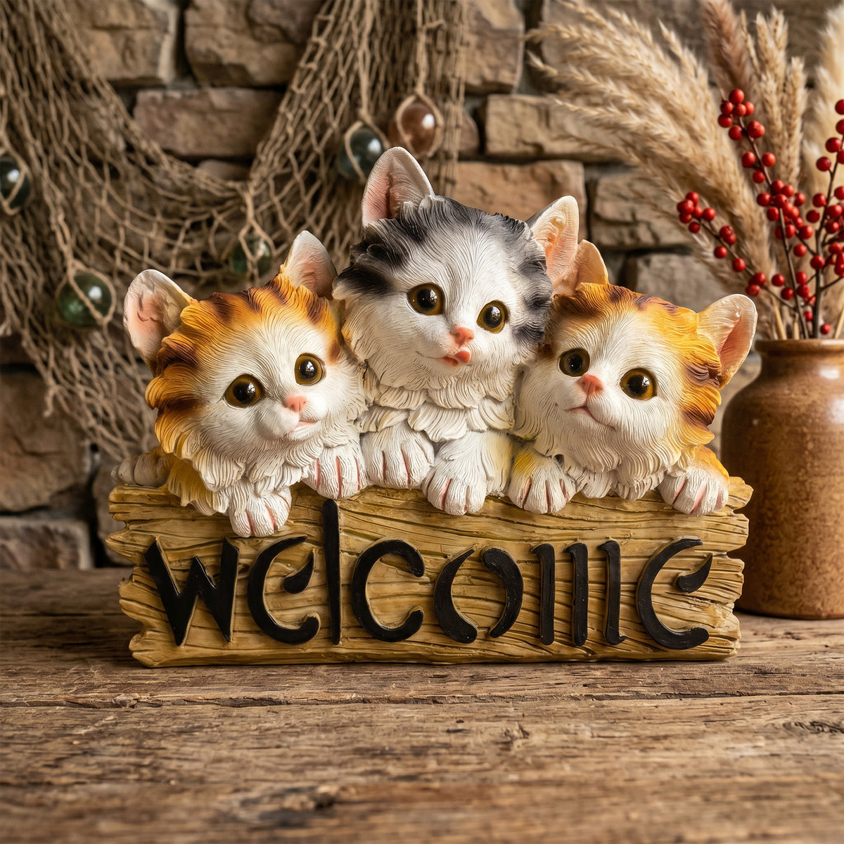 Three Kittens Welcome Resin Statue, Front Porch Entry Decor, Gift for Cat Lovers