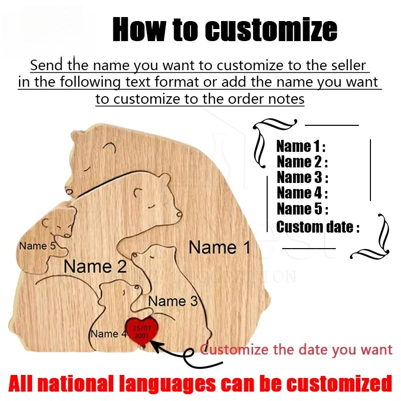 Wooden Puzzle Personalized Customized Bear Family Warm Birthday Gift Solid Wood Ornament