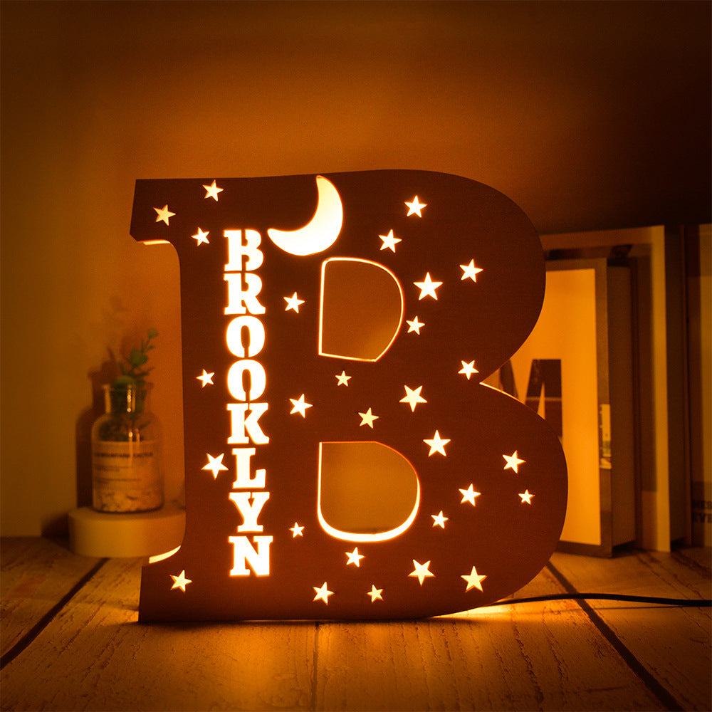 Custom 26 Letters Name Wall Decor LED Night Light Personalized With Stars Wooden Lamp