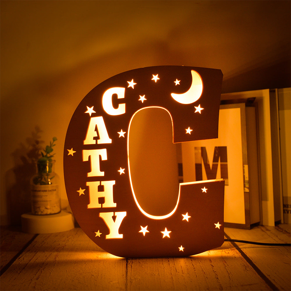 Custom 26 Letters Name Wall Decor LED Night Light Personalized With Stars Wooden Lamp