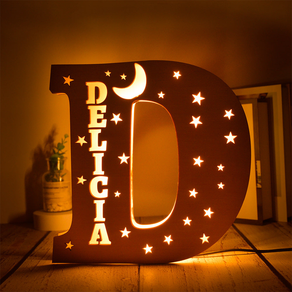 Custom 26 Letters Name Wall Decor LED Night Light Personalized With Stars Wooden Lamp