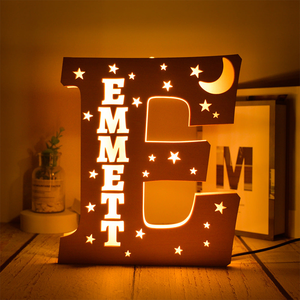 Custom 26 Letters Name Wall Decor LED Night Light Personalized With Stars Wooden Lamp