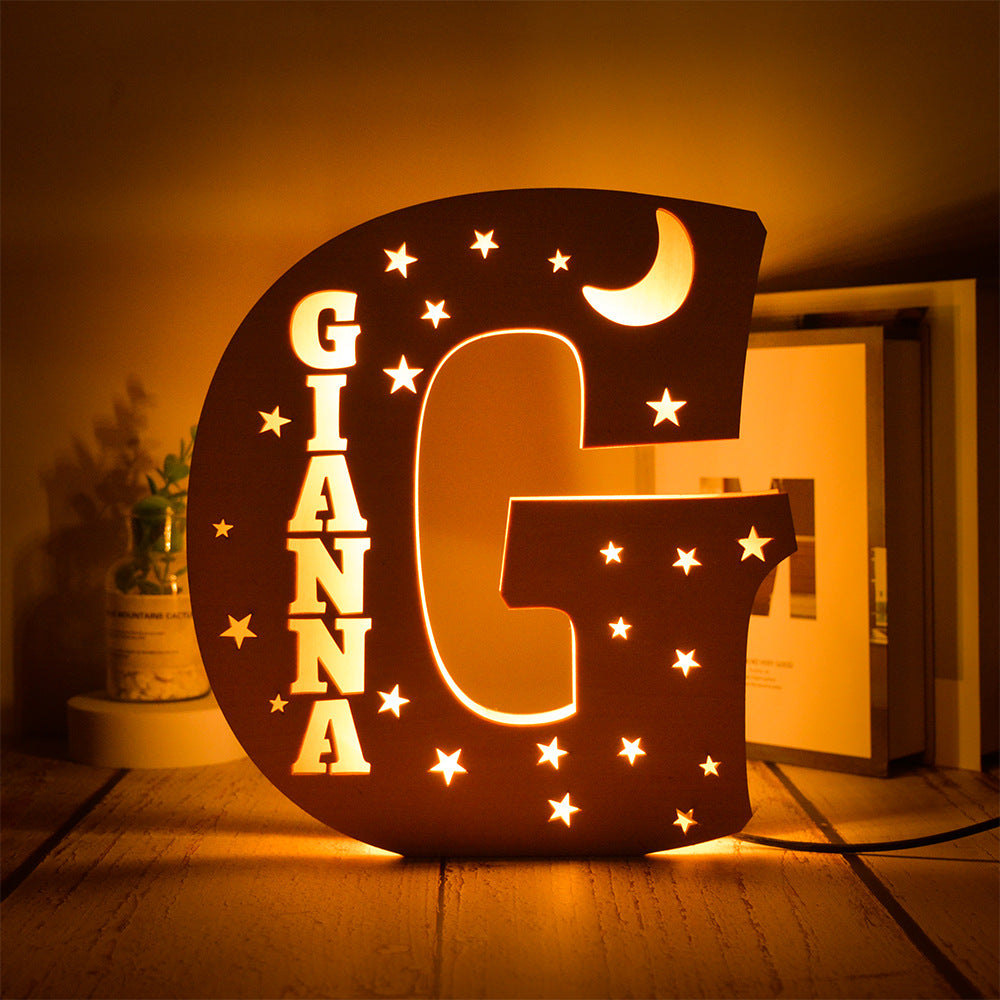 Custom 26 Letters Name Wall Decor LED Night Light Personalized With Stars Wooden Lamp