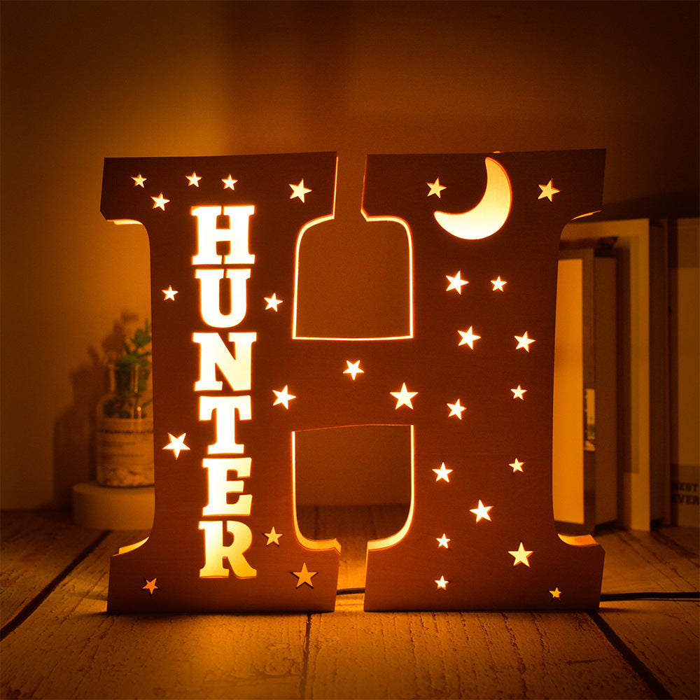 Custom 26 Letters Name Wall Decor LED Night Light Personalized With Stars Wooden Lamp