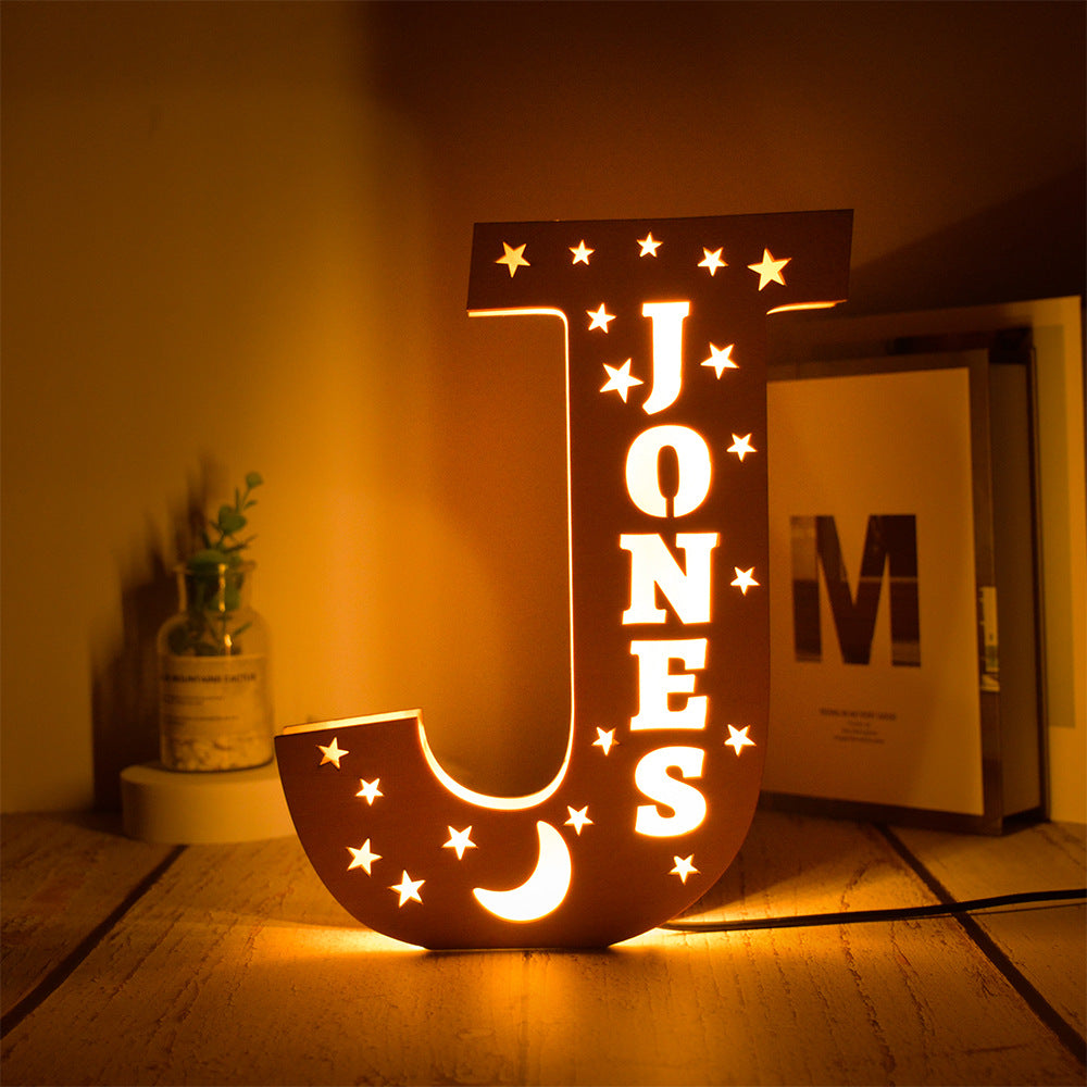 Custom 26 Letters Name Wall Decor LED Night Light Personalized With Stars Wooden Lamp