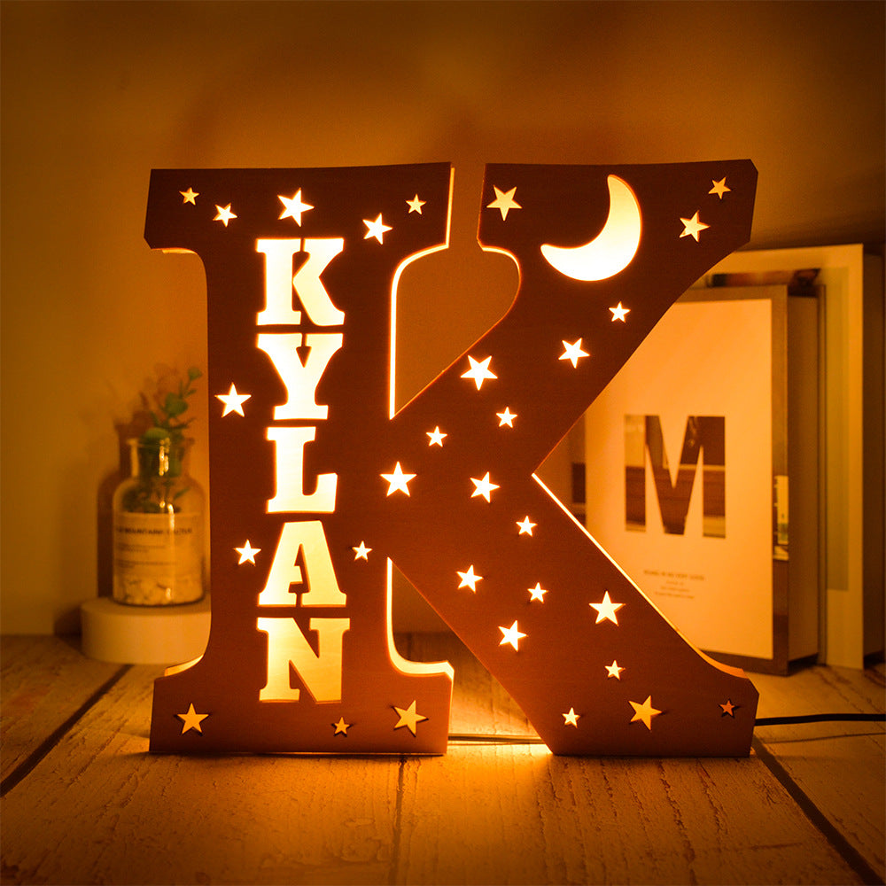 Custom 26 Letters Name Wall Decor LED Night Light Personalized With Stars Wooden Lamp