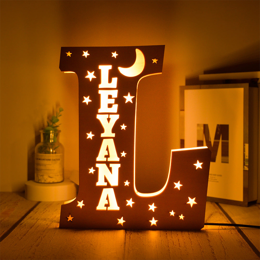 Custom 26 Letters Name Wall Decor LED Night Light Personalized With Stars Wooden Lamp