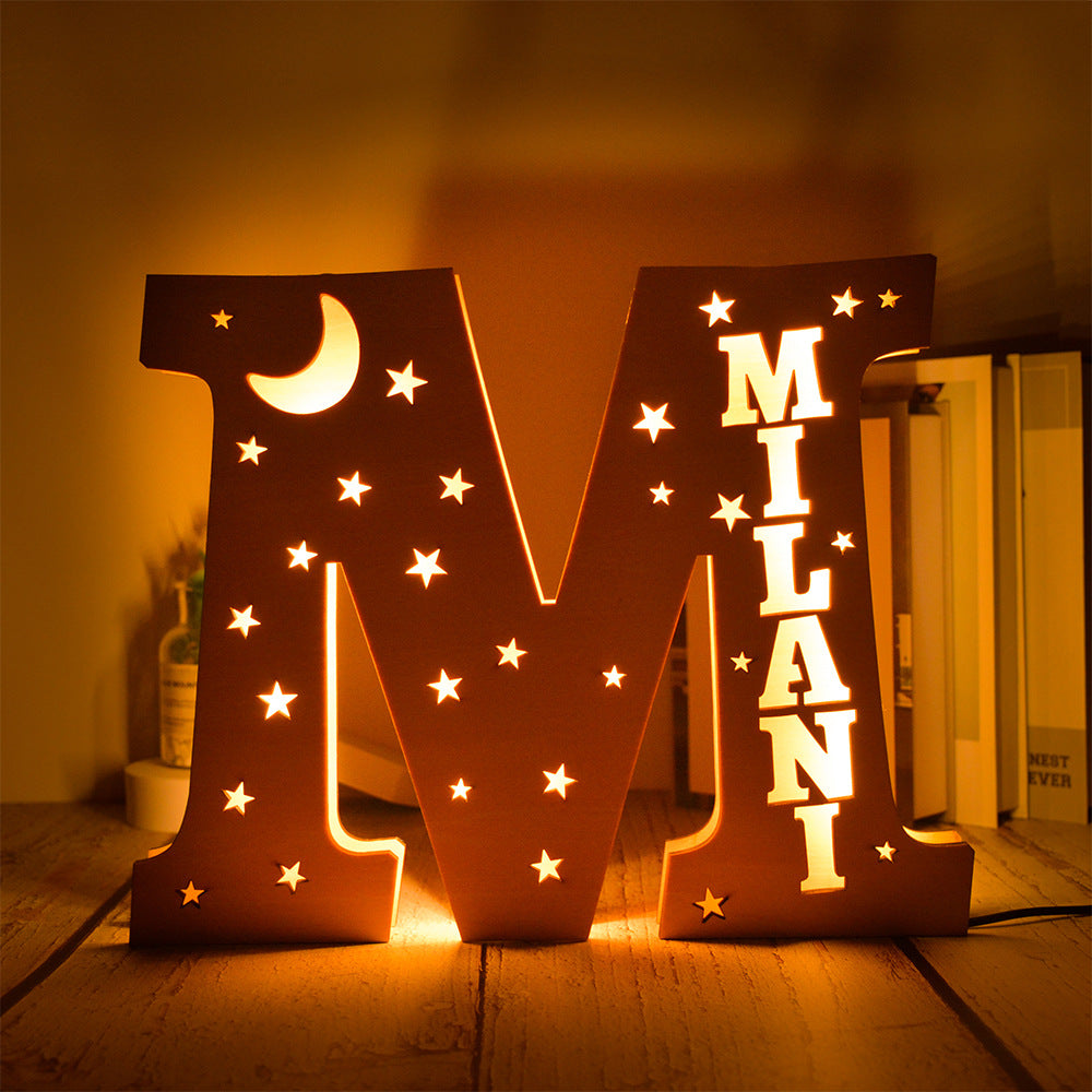 Custom 26 Letters Name Wall Decor LED Night Light Personalized With Stars Wooden Lamp
