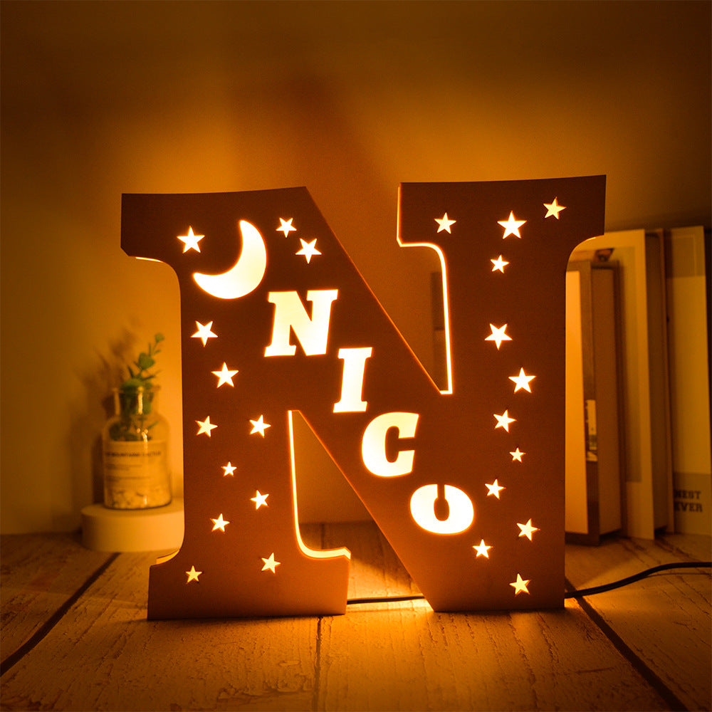 Custom 26 Letters Name Wall Decor LED Night Light Personalized With Stars Wooden Lamp