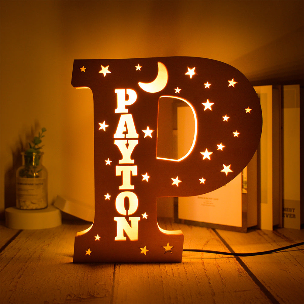 Custom 26 Letters Name Wall Decor LED Night Light Personalized With Stars Wooden Lamp