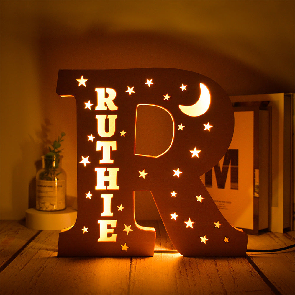 Custom 26 Letters Name Wall Decor LED Night Light Personalized With Stars Wooden Lamp