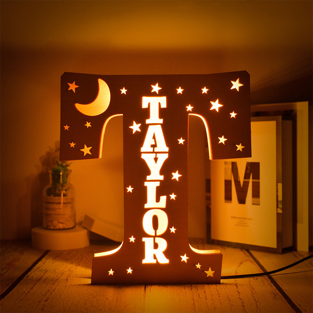 Custom 26 Letters Name Wall Decor LED Night Light Personalized With Stars Wooden Lamp