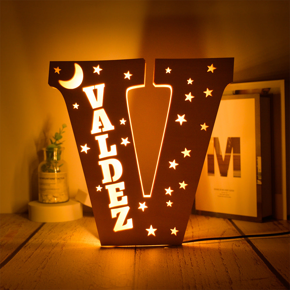 Custom 26 Letters Name Wall Decor LED Night Light Personalized With Stars Wooden Lamp