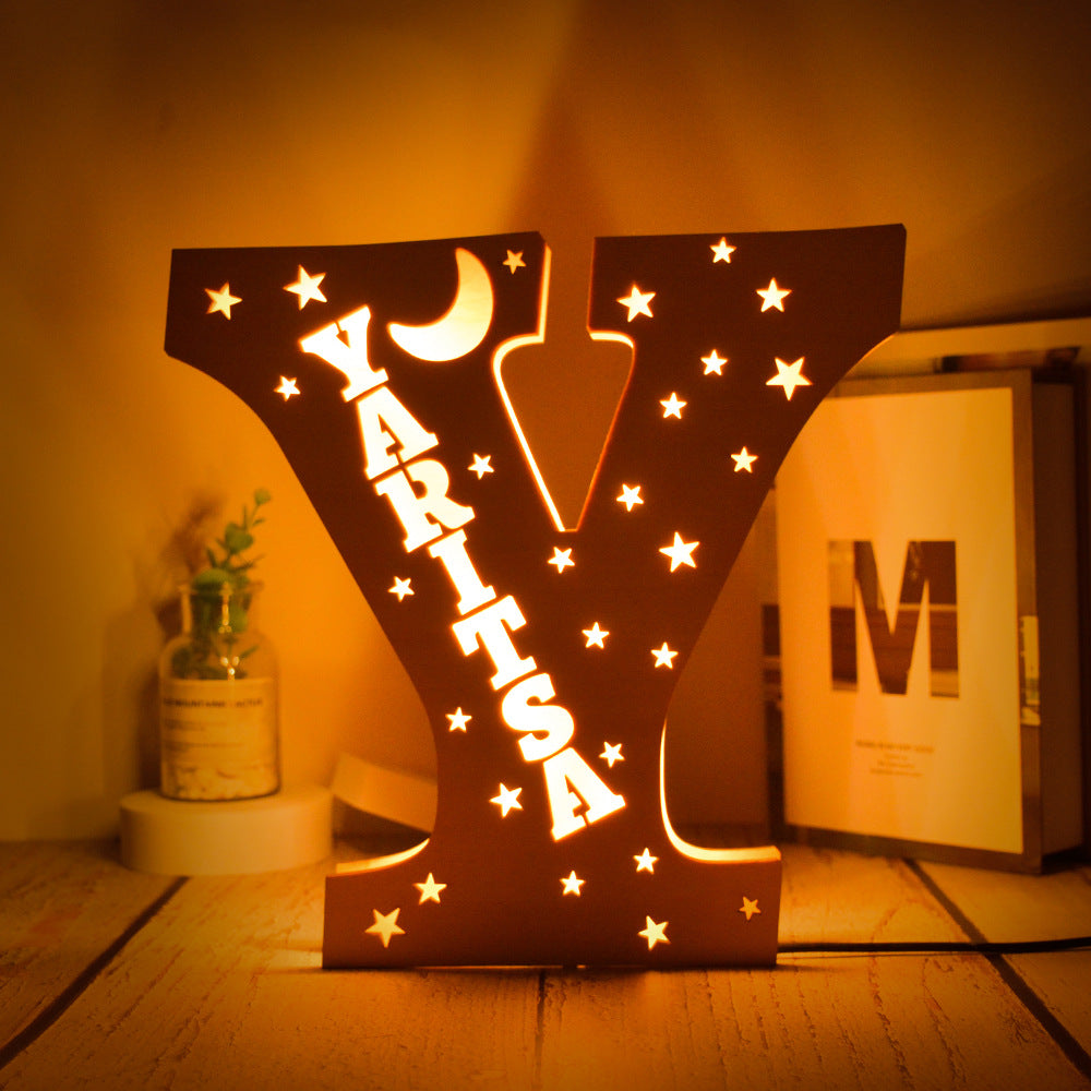 Custom 26 Letters Name Wall Decor LED Night Light Personalized With Stars Wooden Lamp