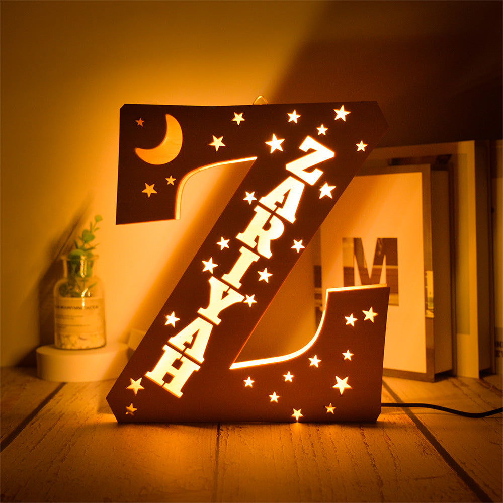 Custom 26 Letters Name Wall Decor LED Night Light Personalized With Stars Wooden Lamp