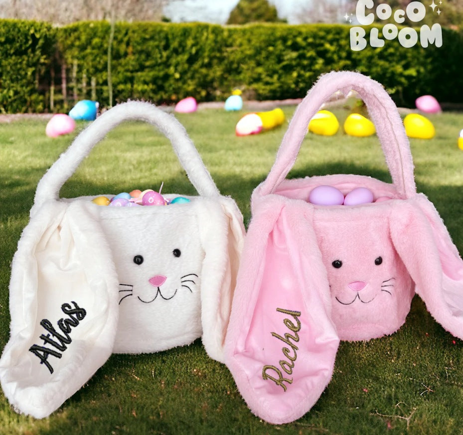 Custom Cute Furry Easter Bunny Basket with Glitter Name