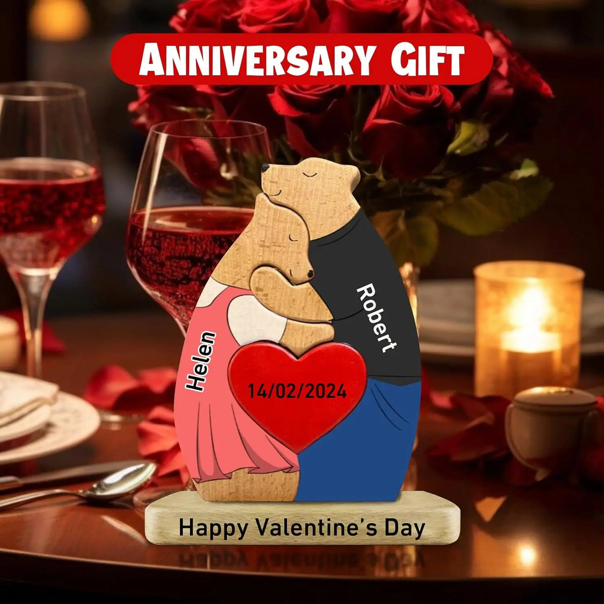 Personalized Wooden Couple Bears Puzzle With Name Custom Valentine's Day Gift