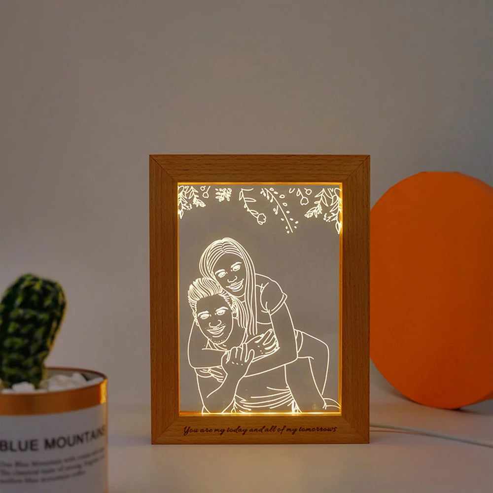 Personalized Custom Photo Night Light USB Wooden Base DIY Photo Frame Lamp
