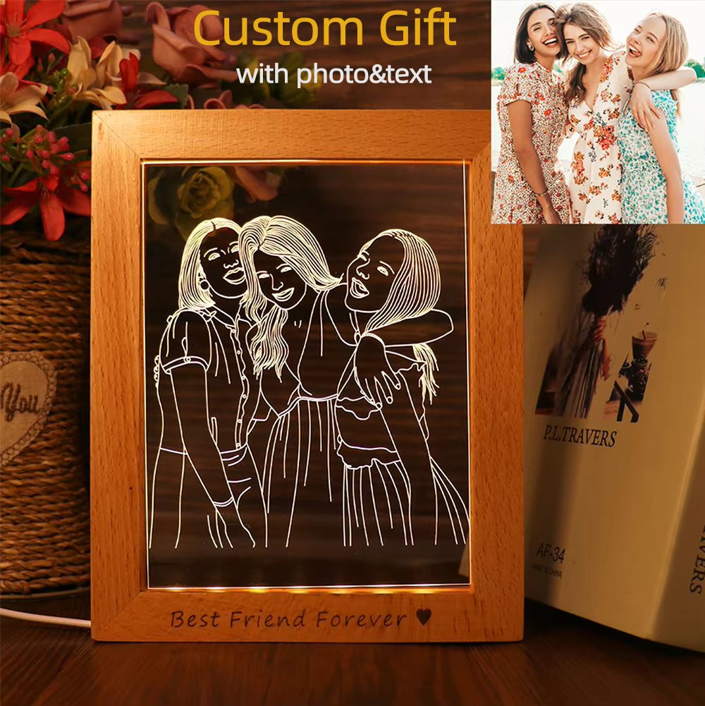 Personalized Custom Photo Night Light USB Wooden Base DIY Photo Frame Lamp