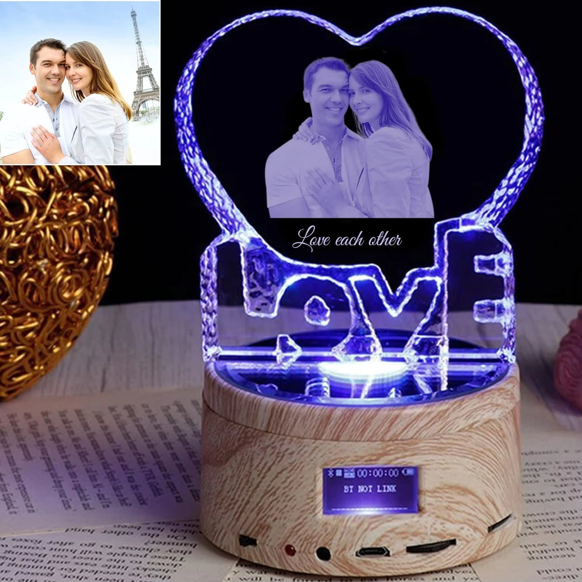 Love Crystal Photo Customized Picture Text Night Light Bluetooth Music Player