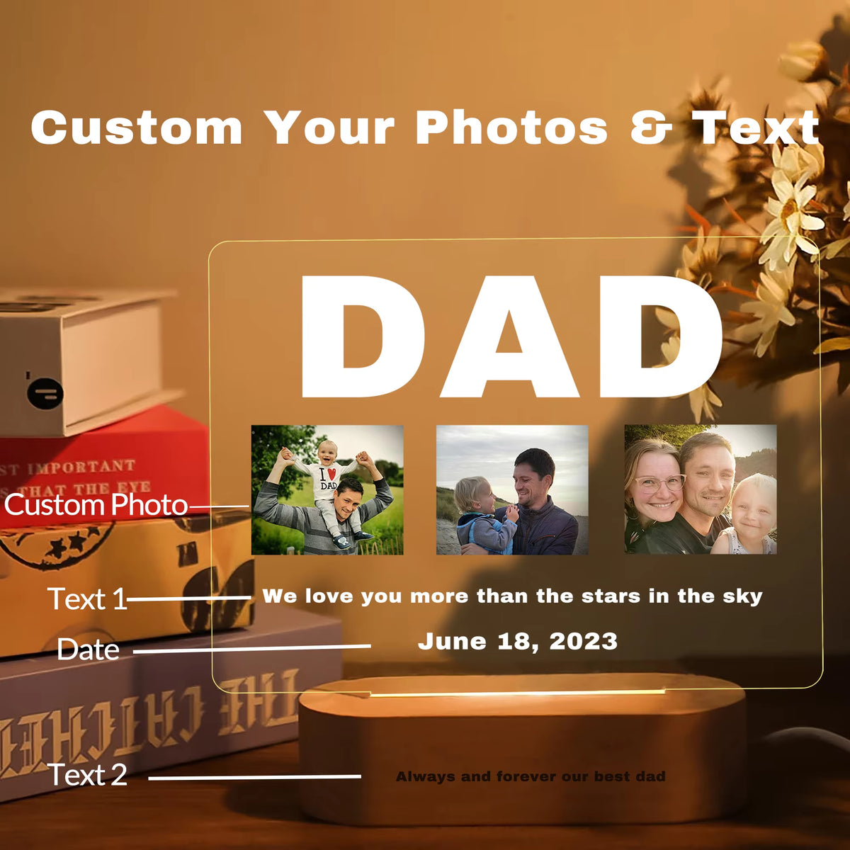 Personalized 3D Acrylic Custom Photo Lamp LED Night Light for Parents Love Mom Dad