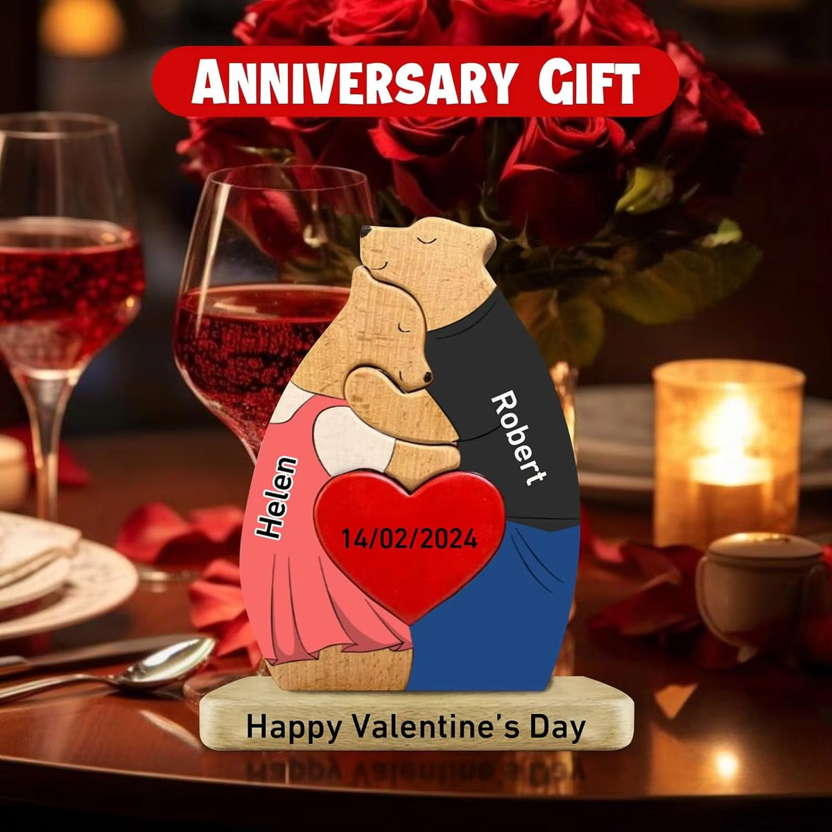 Personalized Wooden Couple Bears Puzzle With Name Custom Valentine's Day Gift