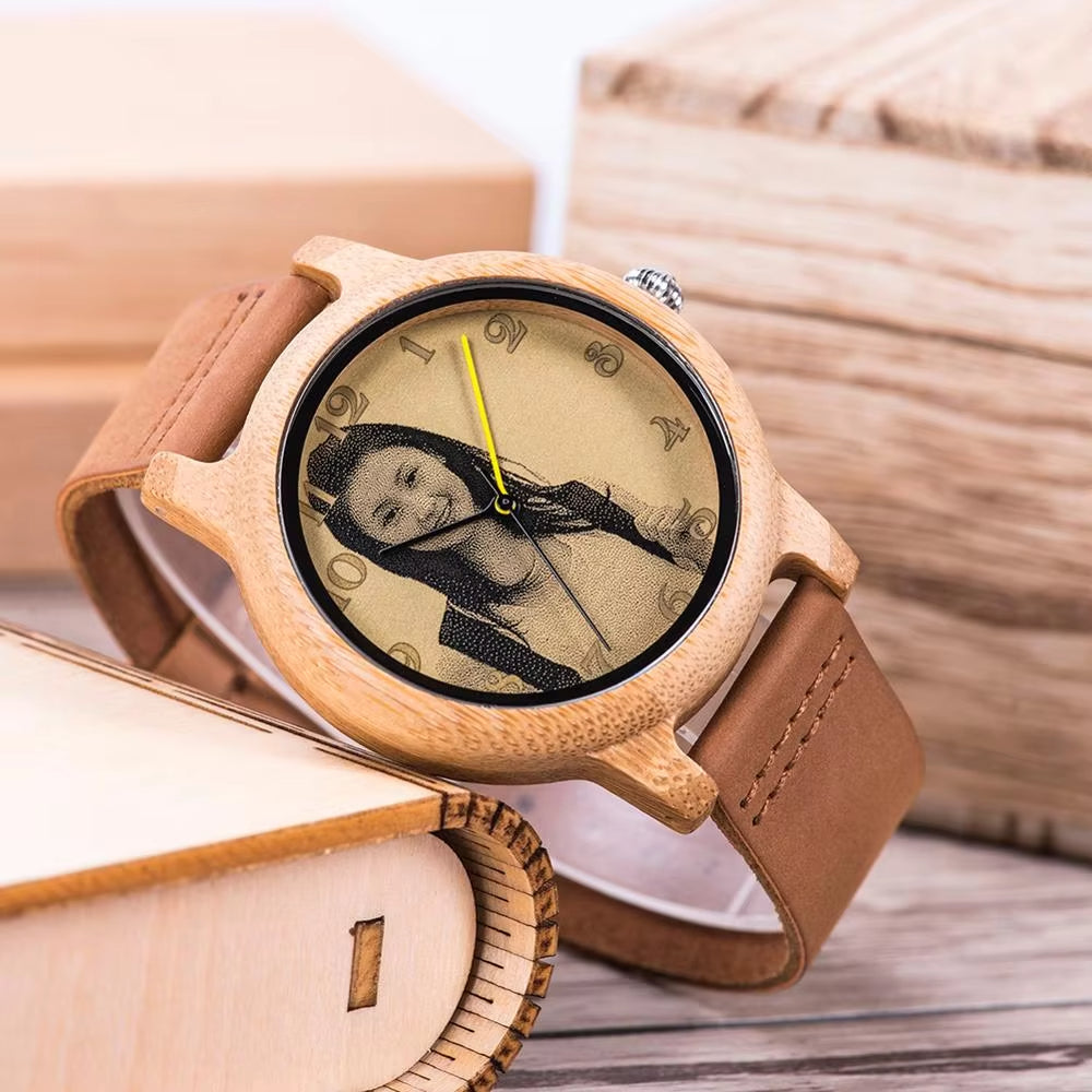 Ultra-High Precision Laser Photo Wood Watch Genuine Leather Strap Customize Unique Christmas Gift