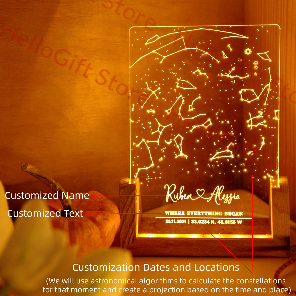 Personalized Constellation Chart Lamp Customized Bedroom NightLight for Couples