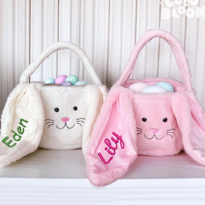 Custom Cute Furry Easter Bunny Basket with Glitter Name