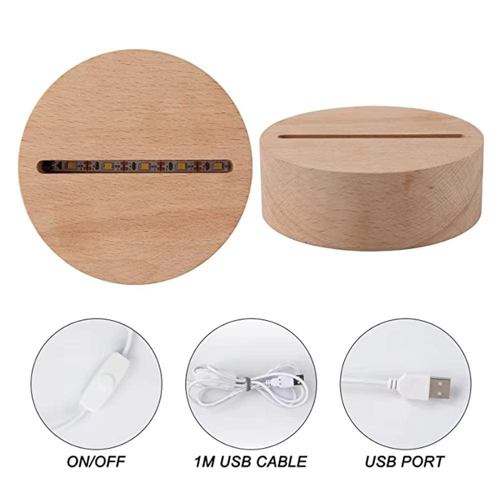 3D Night Light USB Wooden Base Decoration Maison Acrylic LED Lamp