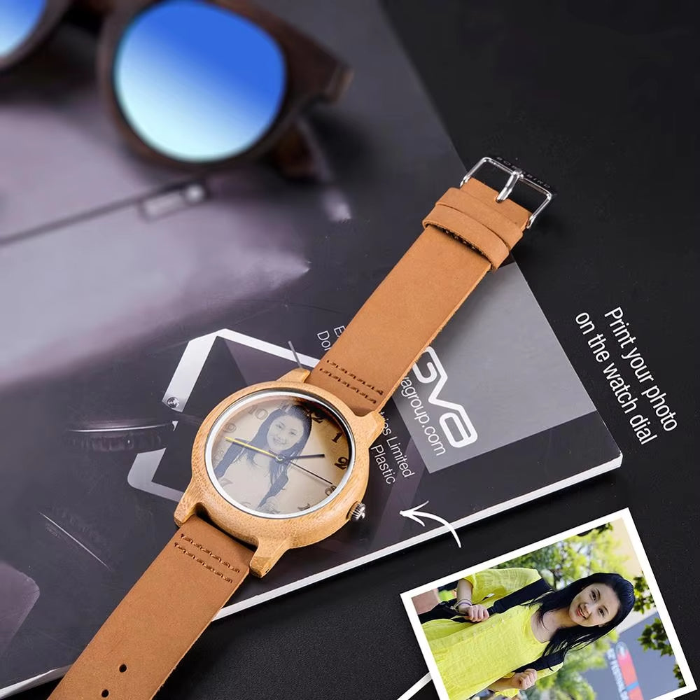 Ultra-High Precision Laser Photo Wood Watch Genuine Leather Strap Customize Unique Christmas Gift
