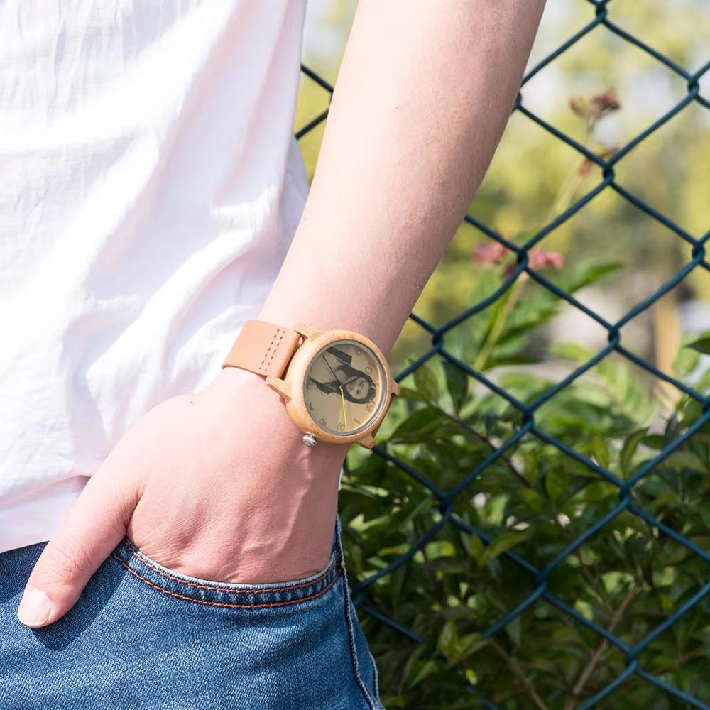 Ultra-High Precision Laser Photo Wood Watch Genuine Leather Strap Customize Unique Christmas Gift